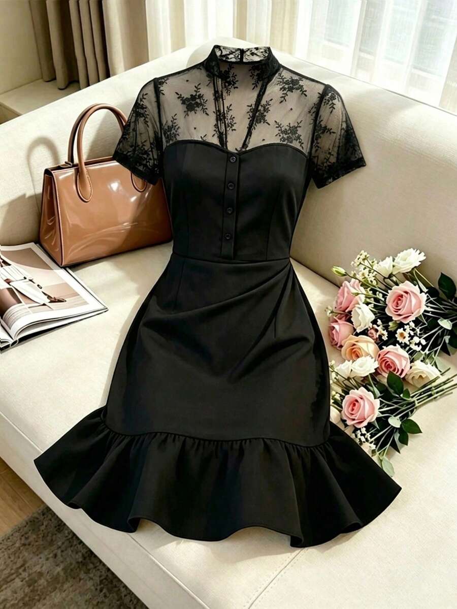 SHEIN Franclia 女款夏季黑色花卉優雅浪漫時尚極簡蕾絲拼接撞色緊身魚尾洋裝,腰部百褶設計,生日穿搭 - 黑色 - 查看 1