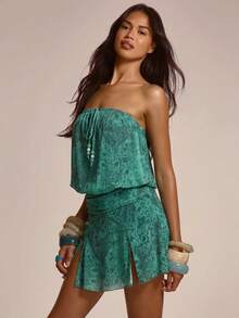 MUSERA Bandeau-Minikleid mit Perlen, Bindung vorne, geraffter Taille, Drapierung und Seitenschlitz - Blau - Übersicht 4
