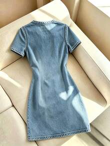 Resyla 女款牛仔效果印花圓領休閒短袖洋裝 - 彩色 - 查看 2