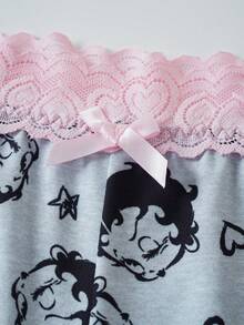 Betty Boop x SHEIN Women's Cartoon Print Lace Patchwork 3D Bow Decor Hipster Shorts - Grey - View 7