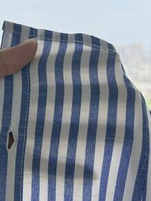 SHEIN 青少年女孩休閒藍白條紋刺繡裝飾修身短袖襯衫上衣，學院風條紋襯衫 - 藍色 - 查看 10