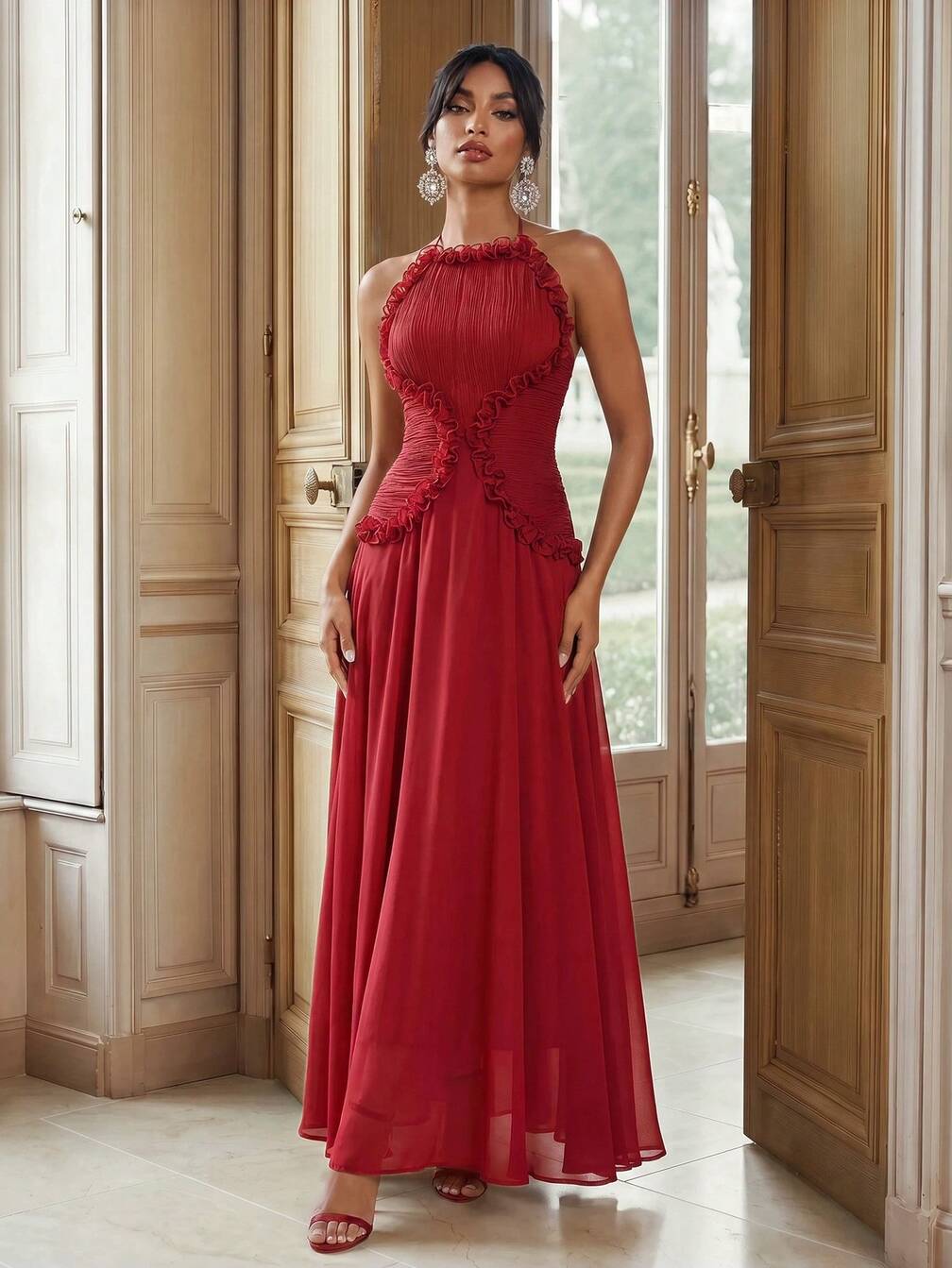 flounce hem midi dress Ricci Pink Faux wrap silhouetteLinedFlutter sleeves Zoey Lace Overlay Flounce Hem