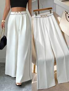 SHEIN Elenzya Celana Setelan Wanita Elegan Terbaru, Kasual, Desain Pinggang Tinggi, Resleting Samping, Pola Kancing Dekoratif, Kaki Melebar, Cocok untuk Dipakai di Musim Semi dan Gugur. Warna Solid Blok, Rantai Logam, Mode Minimalis untuk Berpergian ke Kantor - Aprikot - View 1