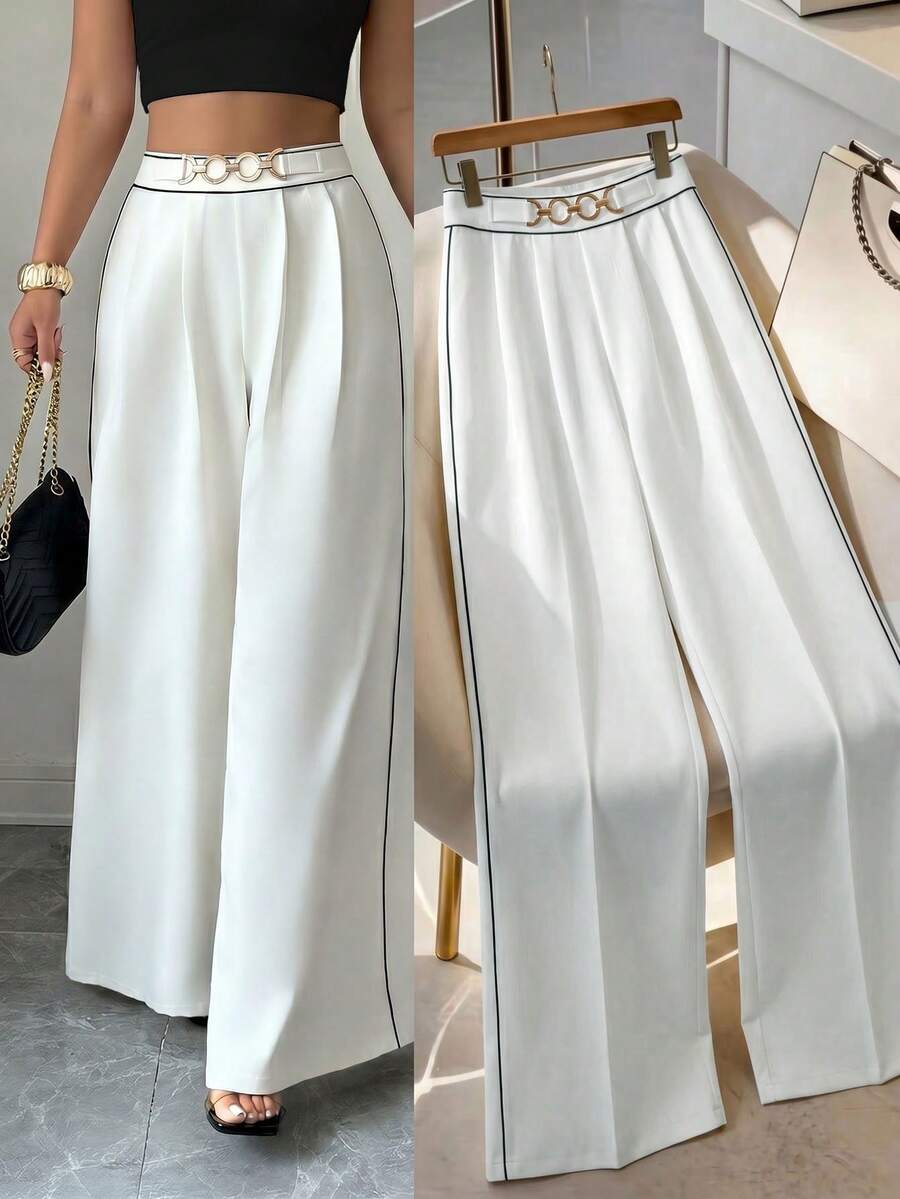 SHEIN Elenzya Celana Setelan Wanita Elegan Terbaru, Kasual, Desain Pinggang Tinggi, Resleting Samping, Pola Kancing Dekoratif, Kaki Melebar, Cocok untuk Dipakai di Musim Semi dan Gugur. Warna Solid Blok, Rantai Logam, Mode Minimalis untuk Berpergian ke Kantor - Aprikot - View 1