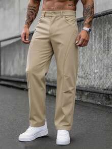 Manfinity Homme 男士素色休閒口袋鈕扣商務寬鬆長褲 - 卡其色 - 查看 6