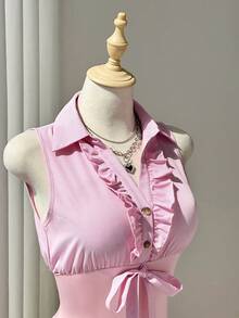 Elamini Vestido ajustado para mujer estilo sexy y puro deseo, primavera/verano, con camisola sin mangas, volantes plisados, lazo con nudo, tejido de punto y patchwork de tela tejida a rayas rosas - Rosa - Ver 6