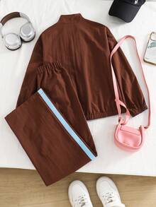 SHEIN Tween Girls Long Sleeve Fleece Fall Outfits Back To School Fall Casual Cute Daily Bow Striped Jacket Pants /Set Zipper Front - Brown - View 2