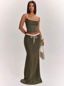 SHEIN BAE 2pcs Women's Casual Active Streetwear Vacation Colorblock Top And Long Mermaid Skirt Set, Suitable For Beach Brunch, Green And White, Summer - Army Green - View 3