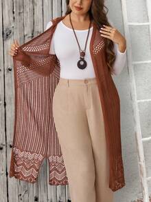 EMERY ROSE Plus Size Women's Solid Color Hollow Design Long Sleeveless Thin Cardigan For Vacation - Coffee Brown - View 8