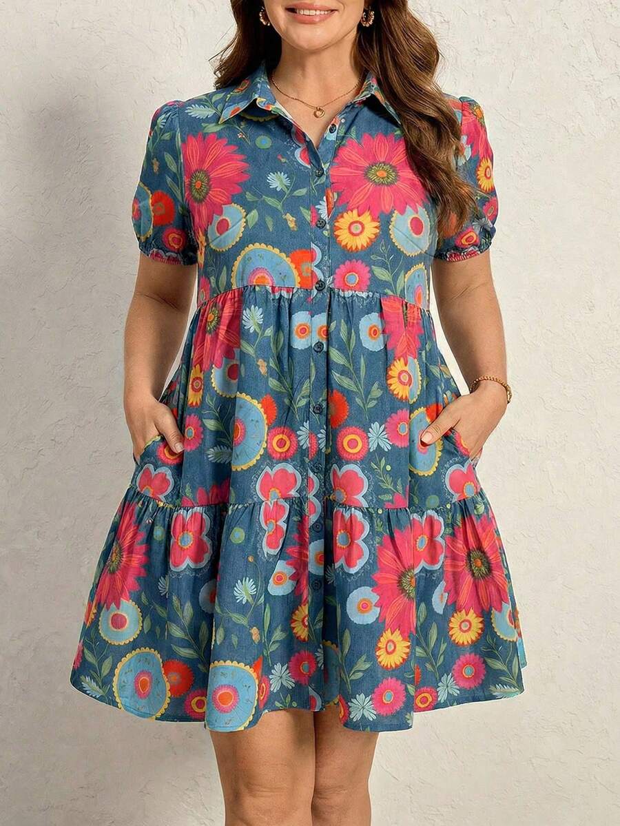 SHEIN LUNE 大码女式碎花休闲花瓣袖口袋连衣裙