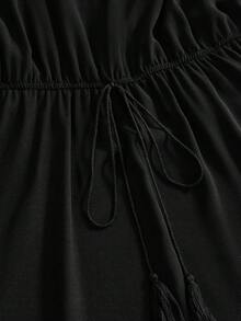 ROMWE Goth 哥德嘻皮度假風黑色月亮星星植物花卉飛蛾刺繡大尺碼洋裝 - 黑色 - 查看 4