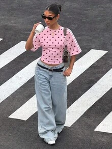 Muchica 波點印花運動風拼色條紋收腰蝙蝠袖女款T恤，夏季上衣，適合日常通勤、約會、聚會，秋冬/夏季，聖誕節、新年、感恩節、派對、婚禮、海灘、畢業典禮，時尚優雅休閒，適合外出、約會、通勤，亮眼情人節風格 - 彩色 - 查看 4