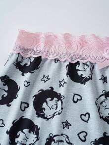 Betty Boop x SHEIN Women's Cartoon Print Lace Patchwork 3D Bow Decor Hipster Shorts - Grey - View 8