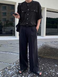DAZY Short Sleeve Collarless Minimalist Textured Fabric Men's Shirt Summer - Black - View 7