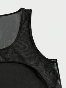 FeverCity Men's Solid Color Contrast Mesh Crew Neck Casual Tank Top - Black - View 5