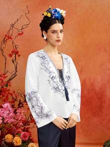 Glamance Frida Kahlo X SHEIN White And Blue Floral Tassel Tie Deep V Loose Blouse, Elegant Boho Mature Casual Sexy For Outings Brunch Vacation, Work, Office, Daily Wear, Summer - White - View 4