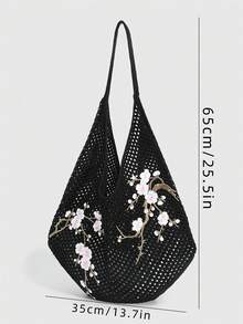 ROMWE Kawaii 1件時尚針織單肩包，黑色鏤空梅花刺繡單肩包，適合日常穿搭 - 黑粉色 - 查看 2
