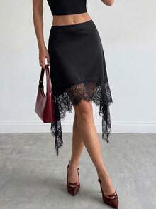 Avenya Low Waist Lace Tassel A-Line Midi Skirt, Asymmetrical Satin Split Maxi, Date Golf, Commute, Beach Formal Pastal Summer Girlisim - Black - View 1