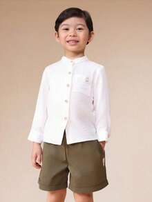 SUMWON Boys White Grandad Collar Button Front Shirt And Olive Green Shorts Casual Two Piece Coordinated Set For Everyday Wear Spring Summer Outfit - Apricot - View 4