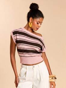 Travachic Women's Colorblock Pink Stripe Asymmetric Collar Knit Top Everyday Date Summer Retro Vintage 70s 70s Retro Casual - Multicolor - View 6