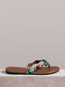 Styleloop Chanclas de color chocolate con remaches, incrustadas con decoración de pirámide dorada retro, de forma audaz y vanguardista, adecuadas para estilo de vacaciones, primavera - Camel TT - Ver 2