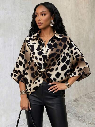 SHEIN Women's Elegant Leopard Print Lapel Blouse, Knot Design, Dolman Sleeve, Suitable For Casual Daily Wear, Exclusive, Music Festival
