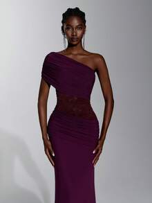 Elitara Anker Dark Purple Lace Mesh One Shoulder Asymmetric Ruched Bodycon Mermaid Long Maxi Dress Women's Elegant Classy Prom Wedding Guest Evening - Burgundy - View 2