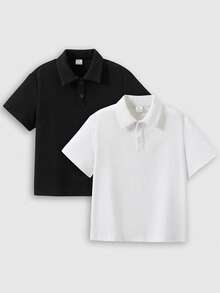 SHEIN 兒童男童 2件組可愛休閒夏季百搭條紋短袖 Polo 衫，適合生日派對、儀式、婚禮、學校、度假 - 彩色 - 查看 4
