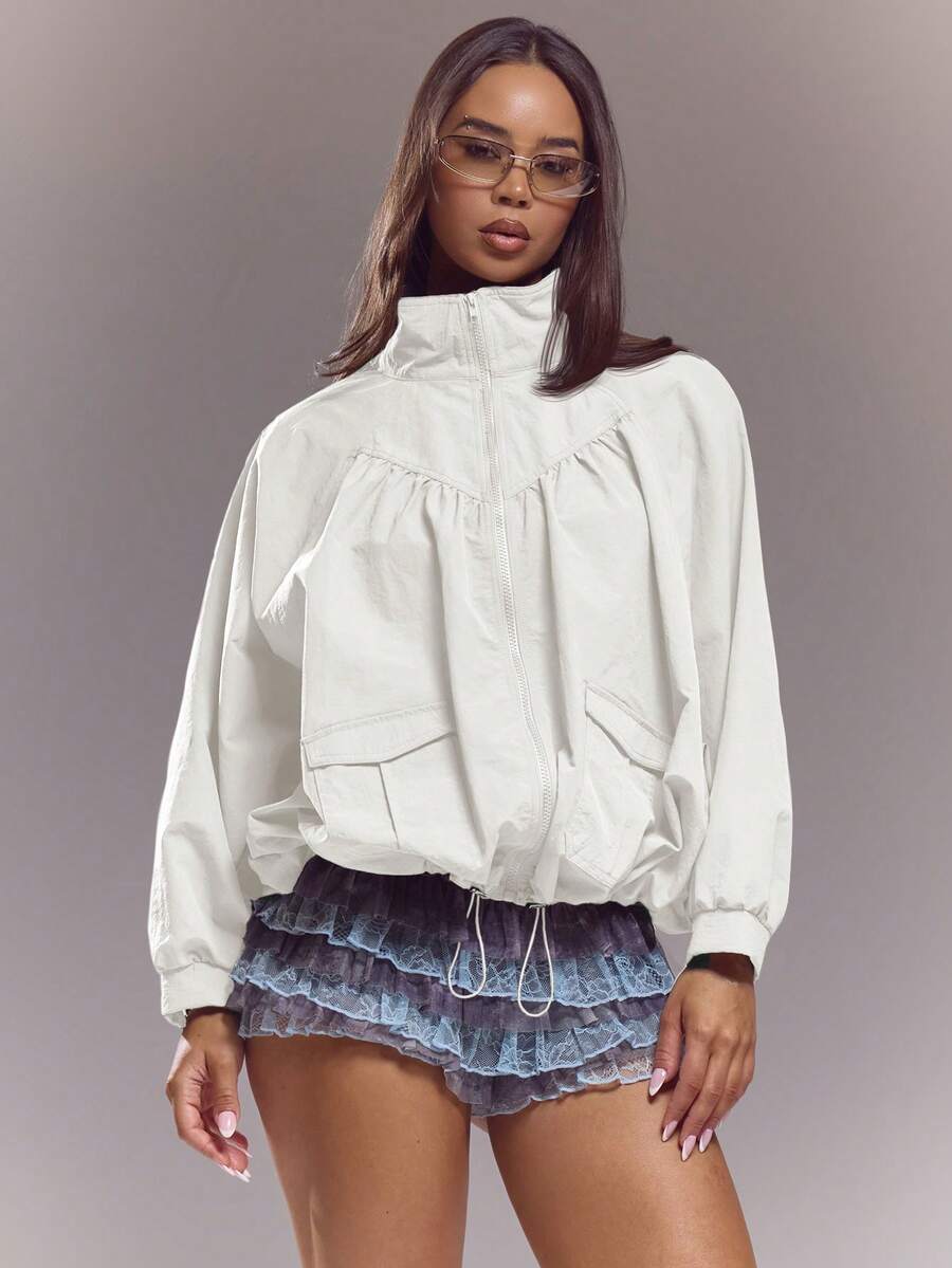 MUSERA Funnel Neck Batwing Sleeve Ruched Jacket Spring Summer Cute Sexy Streetwear Night Out Ballet Sleeze - White - View 1
