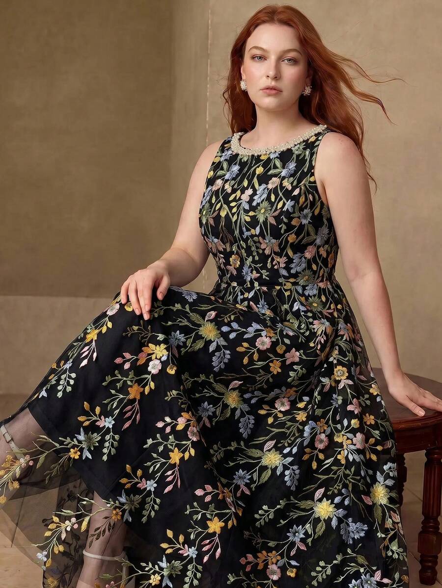 MOTF PREMIUM VESTIDO DE TALLA GRANDE PARA MUJERES PRIMAVERA/VERANO CON CUELLO REDONDO SIN MANGAS DE MALLA BORDADA DE LARGO MEDIO PARA USO DIARIO Y CITAS - Multicolor - Ver 1
