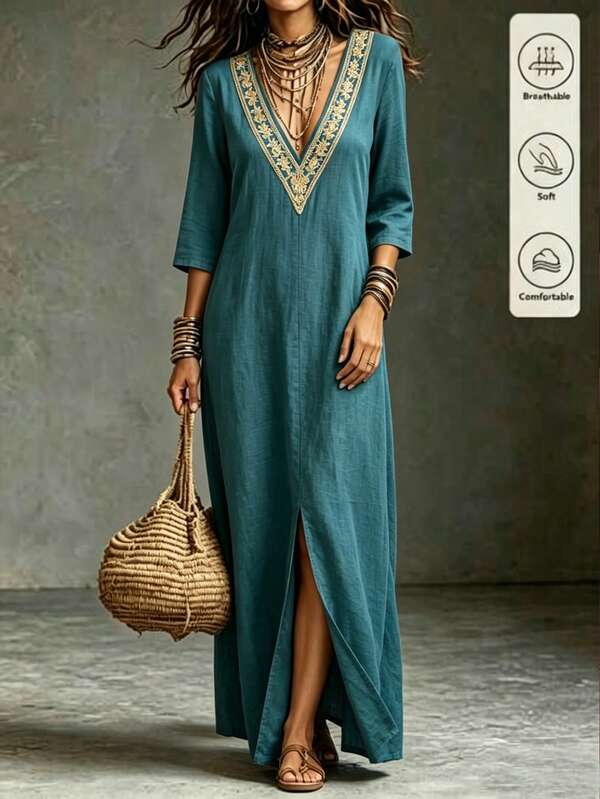 Hotletica Women's Solid Color V-Neck Long Dress