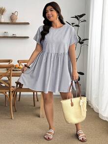 Enliva Plus Size Women's Spring/Summer Fashion Casual Soft Form Loose Comfortable Fresh Daily Versatile Slimming Navy Blue Short Sleeve Shirt Dress Vacation - Grey - View 7