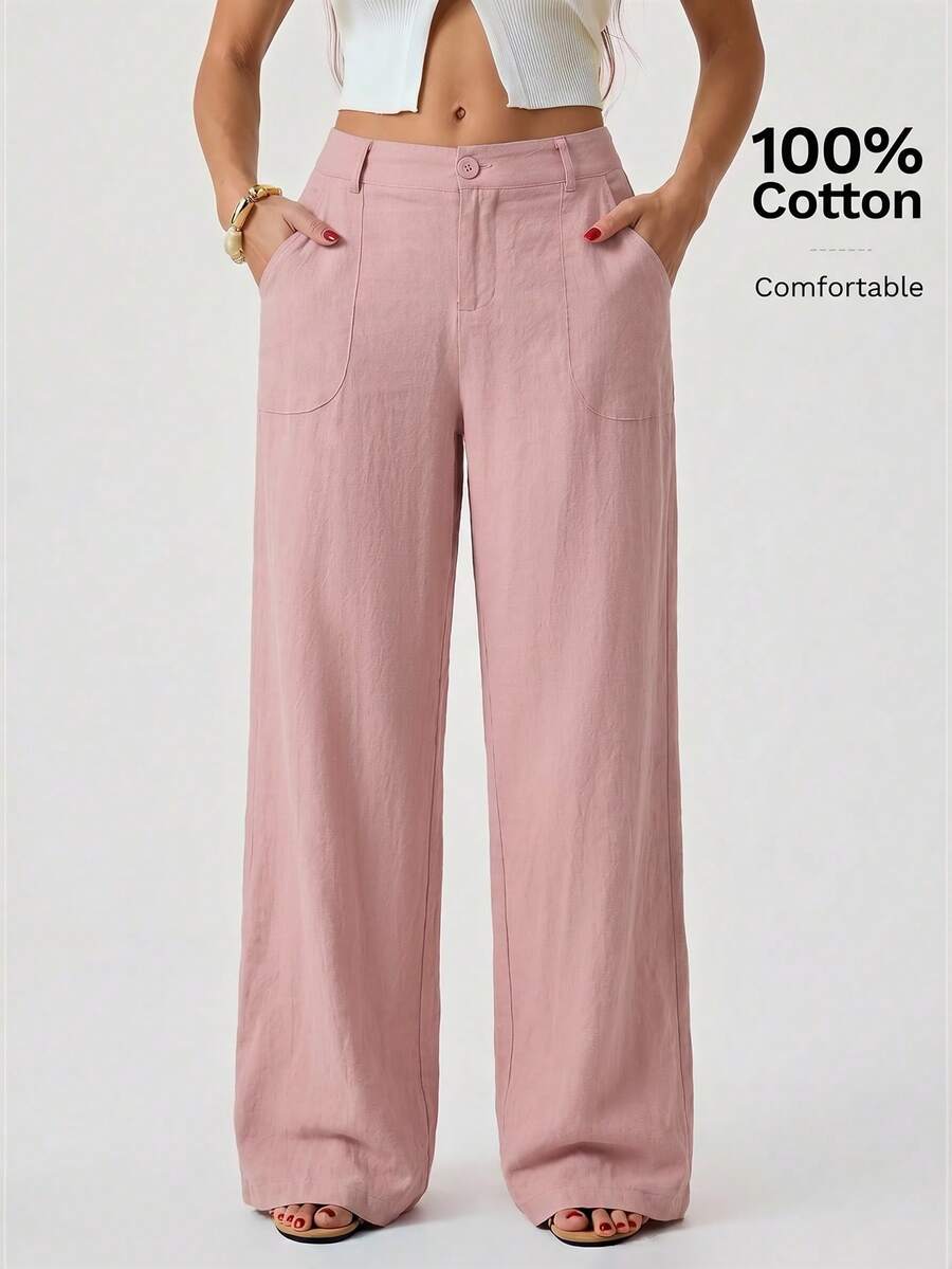 SHEIN Tall 100 Washed Cotton Low Waist Straight Pants Vacation Dusty Pink Summer Casual - Pink - View 1