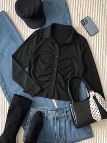 Comfortcana Casual Versatile Solid Color Long Sleeve Plus Size Women's T-Shirt Fall - Black - View 9