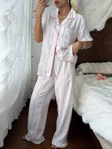 CottageSlumber Bubble Crinkle Ruffle Sleeve Chain Print Floral Short Sleeve Long Pants Pajama Set - Multicolor - View 6