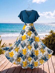 Elenzga Vestido ajustado y acampanado con cuello cruzado, volantes y mangas cortas, con estampado floral colorido, para primavera/verano - Multicolor - Ver 6