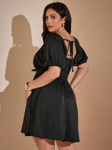 SHEIN BAE CURVE Plus Size Women's Black Flared Mini Dress, Square Neck Puff Sleeve Little Short Gold, Summer, Elegant Formal Cocktail Party Evening Date Night - Black - View 8