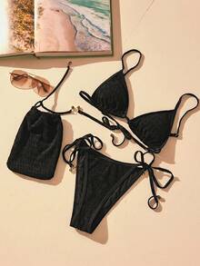 Aralina VACAY TEXTURE STRIPE TRI SLIDER BIKINI SET - Black - View 7