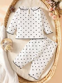 SHEIN Newborn Baby Girls Outfit, Spring Autumn Polka Dot Ribbed Ruffle Bow Clothes Set - Black and White - View 4