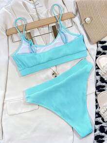 SHEIN Swim 2026女款夏季海灘純色性感時尚比基尼兩件式泳衣套裝 - 藍色 - 查看 3