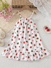 SHEIN Girls Autumn Strawberry Print Cami Dress, Spaghetti Strap Dress With Tiny Bows & Ruffled Hem For Daily Wear,  Park And Parent-Child Events - Multicolor - View 2