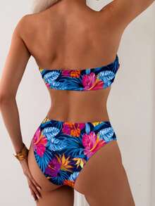 Swim Lushoire 女款 2 件式花卉印花平口比基尼套裝，度假適用 - 彩色 - 查看 2