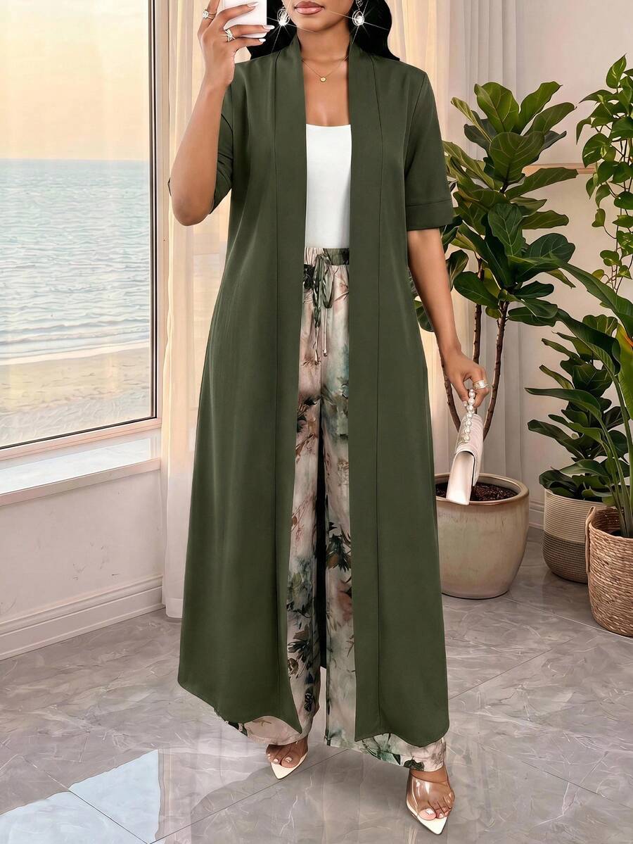 SHEIN Lady 女款素色短袖浴袍與花卉印花長褲休閒兩件套 - 彩色 - 查看 1