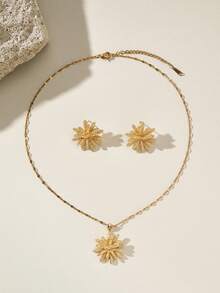 Opalesca 1 Set Stainless Steel Snowflake Necklace & Earrings, Versatile Luxury Rhinestone Personalized Banquet Jewelry Set, Gift, No Gift Box - Gold - View 3