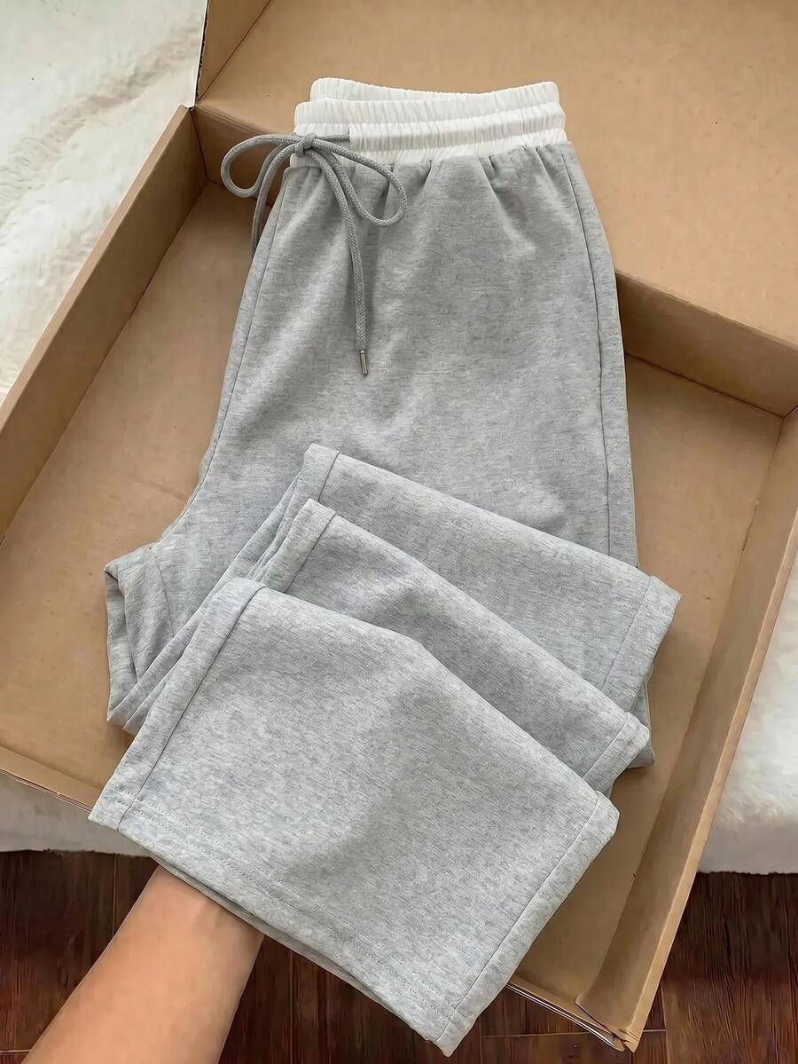 Comfortcana Plus-Size Off-White Casual Knit Sweatpants With Contrast Details And Drawstring – Back-To-School Season - Light Grey - View 1