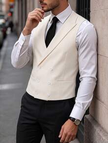 Manfinity Bizformal Áo gile nam công sở casual hai hàng cúc, phong cách lịch lãm Old Money - Màu be - Xem 5