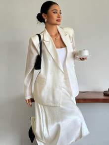 Dazy Plus Solid Color Casual Padded Shoulder Notch Lapel Loose Fit Plus Size Women's Long Sleeve Allover White Blazer Western Outfits Autumn Formal - Apricot - View 5
