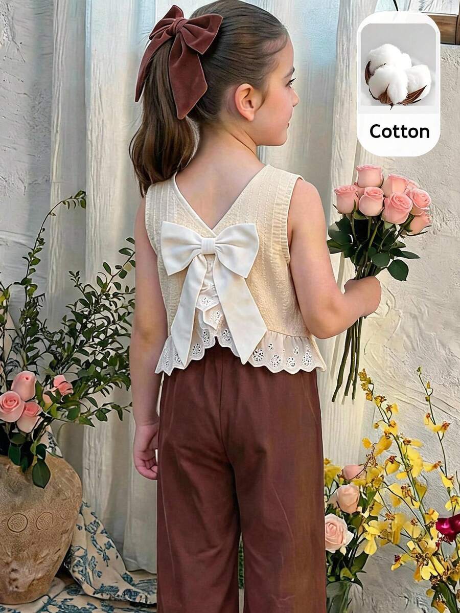 LMoss Kids 女童編織素色圓領休閒背心與長褲兩件套 - 彩色 - 查看 1
