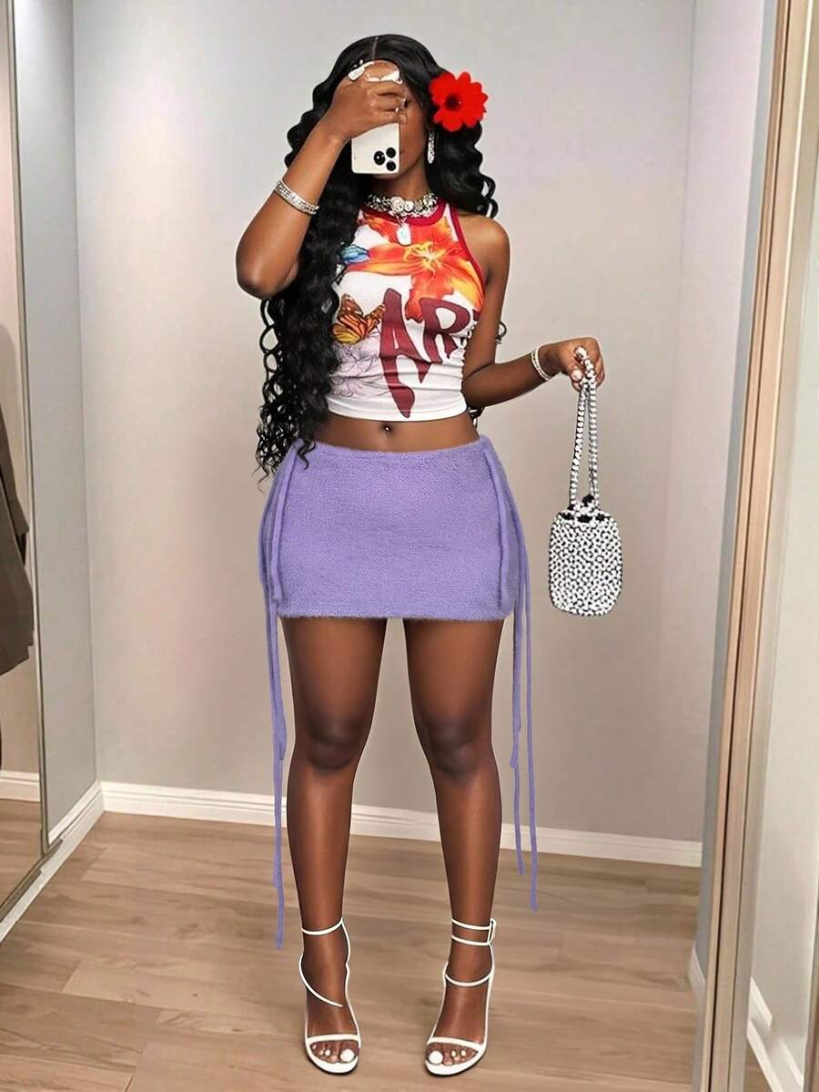 Slaydiva Minifalda de punto de unicolor casual y versátil para uso diario para mujer de talla grande - Morado - Ver 1