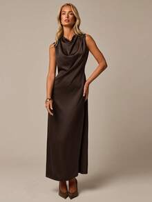 COSMINA Women's Casual Elegant Cowl Neck Satin Maxi Dress Formal Dark Brown  Dress Wedding Guest Dress  Graduation Dress Work Dress - Brown - View 1